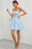 Blue Tulle Short Ball Dress with Appliques