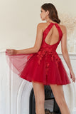 A Line Halter Red Short Cocktail Dress with Appliques