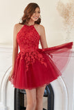 A Line Halter Red Short Cocktail Dress with Appliques