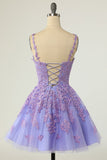Purple Short V-Neck Fit-and-Flare Cocktail Dress Lace Up Back