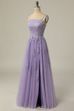 Light Purple A Line Long Sleeveless Ball Dress with Split Appliques