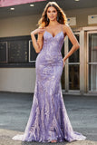 Lilac Sparkly Mermaid Long Ball Dress with Beading