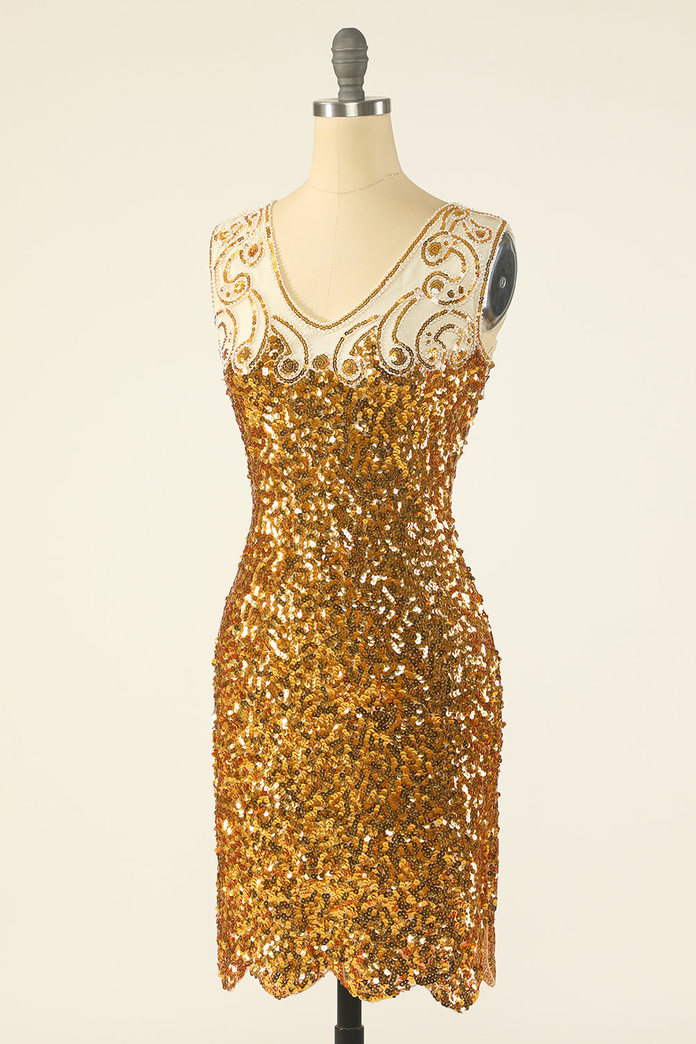 Golden Sequins V-Neck 1920s Flapper Dress
