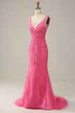 Mermaid Deep V Neck Hot Pink Long Ball Dress with Open Back
