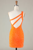 Sequins One-Shoulder Orange Tight Beading Short Homecoming Dress
