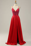 A Line Red Spaghetti Straps Beaded Long Ball Dress