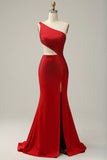 Mermaid One Shoulder Red Cut Out Ball Dress with Beading