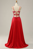 A Line Red Spaghetti Straps Beaded Long Ball Dress
