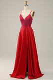 A Line Red Spaghetti Straps Beaded Long Ball Dress