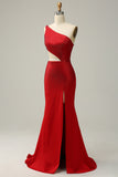 Mermaid One Shoulder Red Cut Out Ball Dress with Beading