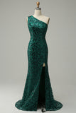 Mermaid One Shoulder Dark Green Sequins Long Ball Dress with Split Front