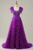 A Line Sweetheart Purple Long Ball Dress with Beading Feathers