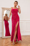 Hot Pink Spaghetti Straps Sequin Ball Dress
