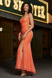 Sparkly Orange Mermaid Spaghetti Straps Sequins Ball Dress With Slit