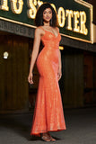 Sparkly Orange Mermaid Spaghetti Straps Sequins Ball Dress With Slit
