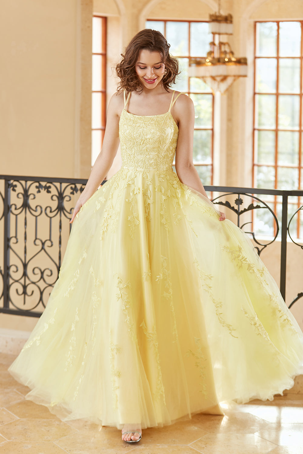Gorgeous A Line Spaghetti Straps Yellow Long Ball Dress with Appliques