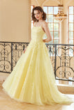 Gorgeous A Line Spaghetti Straps Yellow Long Ball Dress with Appliques