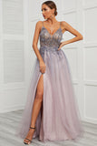 Spaghetti Straps Appliques Long Ball Dress with Split Front