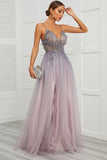 Spaghetti Straps Appliques Long Ball Dress with Split Front