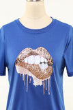 Lips Printed Royal Blue Round Neck T-shirt