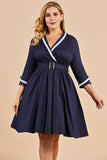 Navy Blue Vintage Plus Size Wrap Dress