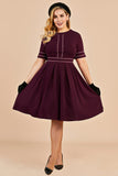 Burgundy Vintage Plus Size Dress With Sleeves