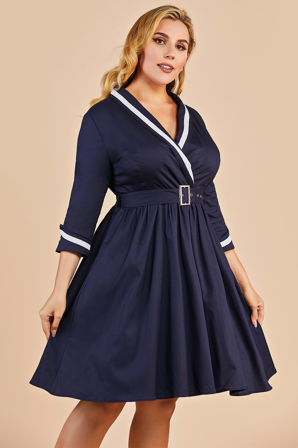 Navy Blue Vintage Plus Size Wrap Dress