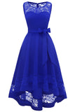 High Low Royal Blue Lace Dress with Bowknot