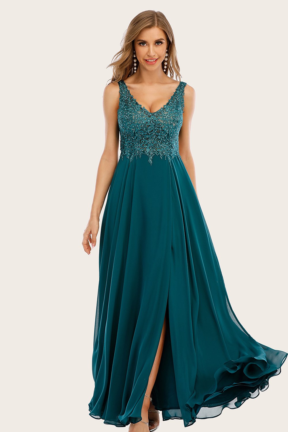 Turquoise Chiffon Long Ball Dress with Beading