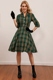 Green Plaid 3/4 Sleeve Dress