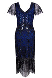 Navy Blue V Neck Sequin Fringe Flapper 1920s Dress
