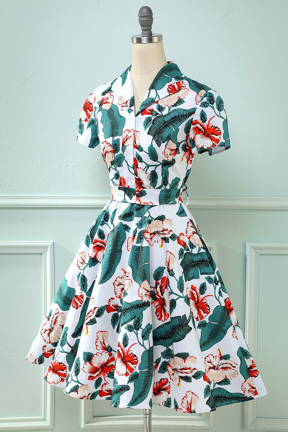 Retro V Neck Leaf Printed Vintage Dress
