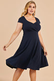 Simple Navy Plus Size Dress V Neck A-line Prom Homecoming Crepe Dress with Sleeves