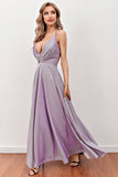 Lilac Deep V-Neck Long Ball Dress with Cross Straps
