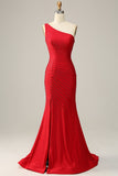 Mermaid One Shoulder Red Long Ball Dress with Beading