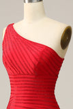 Mermaid One Shoulder Red Long Ball Dress with Beading