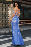 Trendy Mermaid V Neck Light Blue Long Ball Dress with Appliques Slit