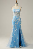 Mermaid Spaghetti Straps Blue Long Ball Dress with Appliques