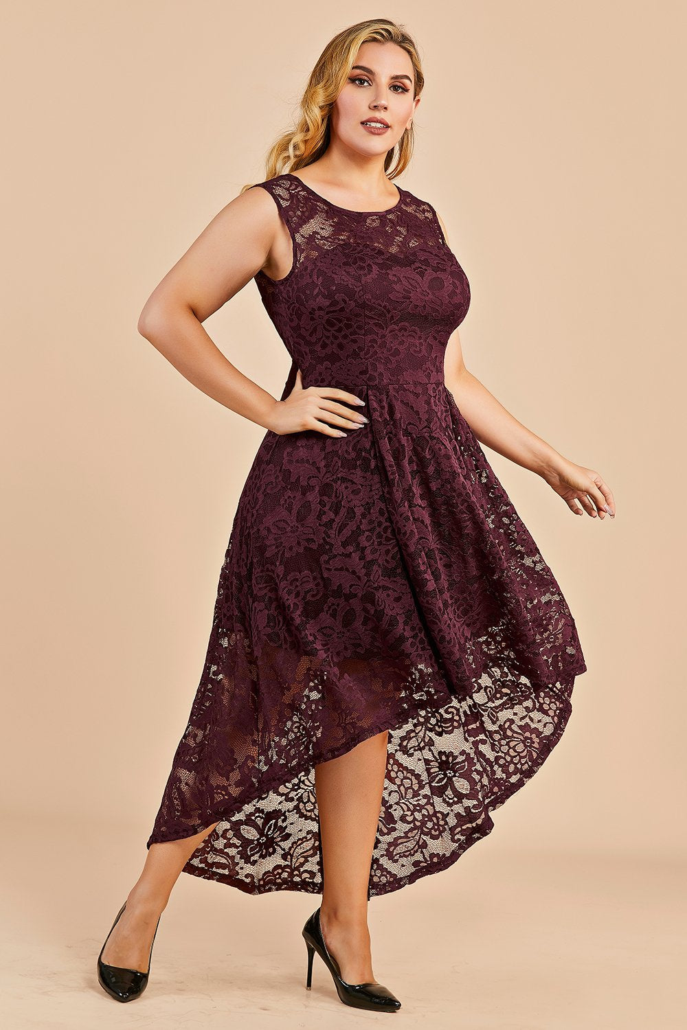 Dark Red Plus Size Asymmetry Lace Party Dress