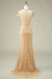 Luxurious Mermaid Jewel Neck Champagne Ball Dress with Beading