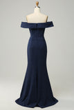 Navy Off The Shoulder Sparkly Sheath Long Bridesmaid Dress
