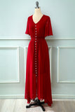 Red V Neck Buttons Summer Dress