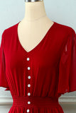 Red V Neck Buttons Summer Dress