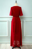 Red V Neck Buttons Summer Dress