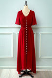 Red V Neck Buttons Summer Dress