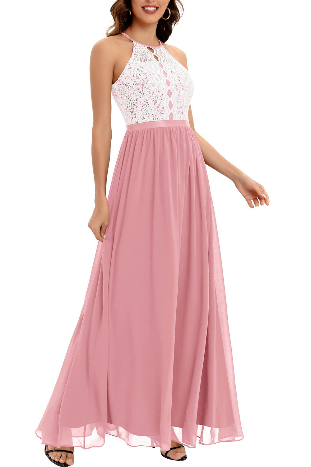 A Line Halter Blush Long Bridesmaid Dress with Lace