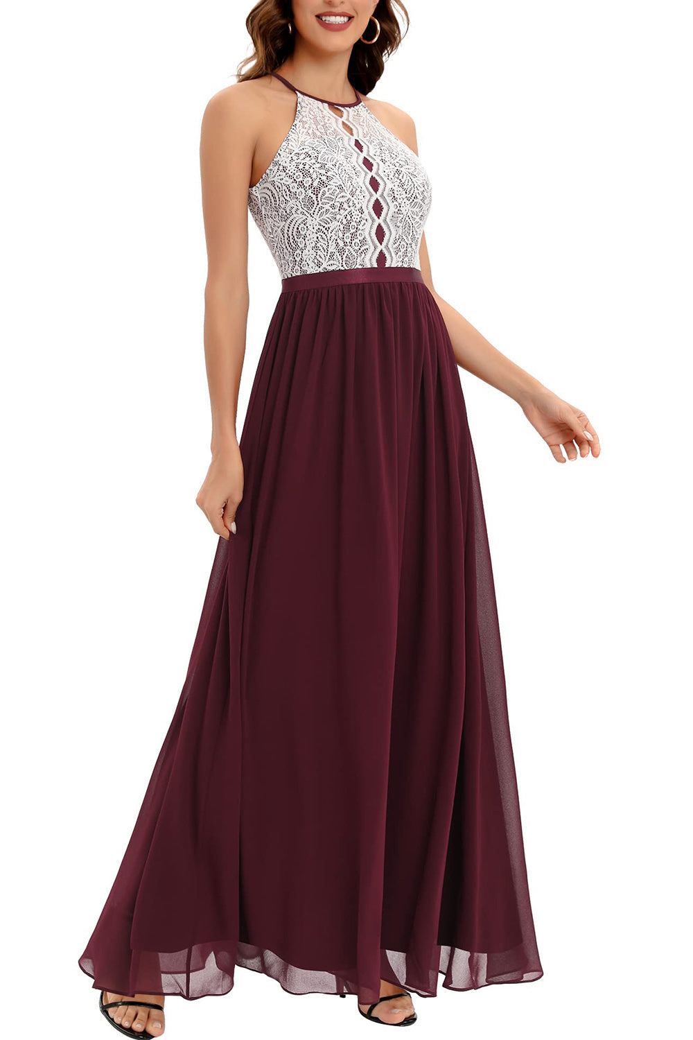 Burgundy A Line Halter Long Bridesmaid Dress with Lace