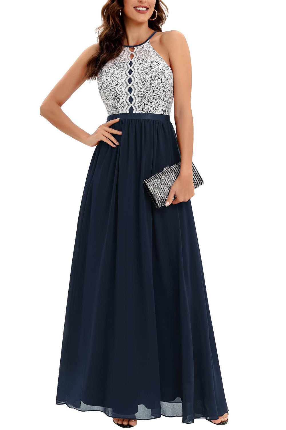 A-Line Halter Navy Long Formal Dress with Lace