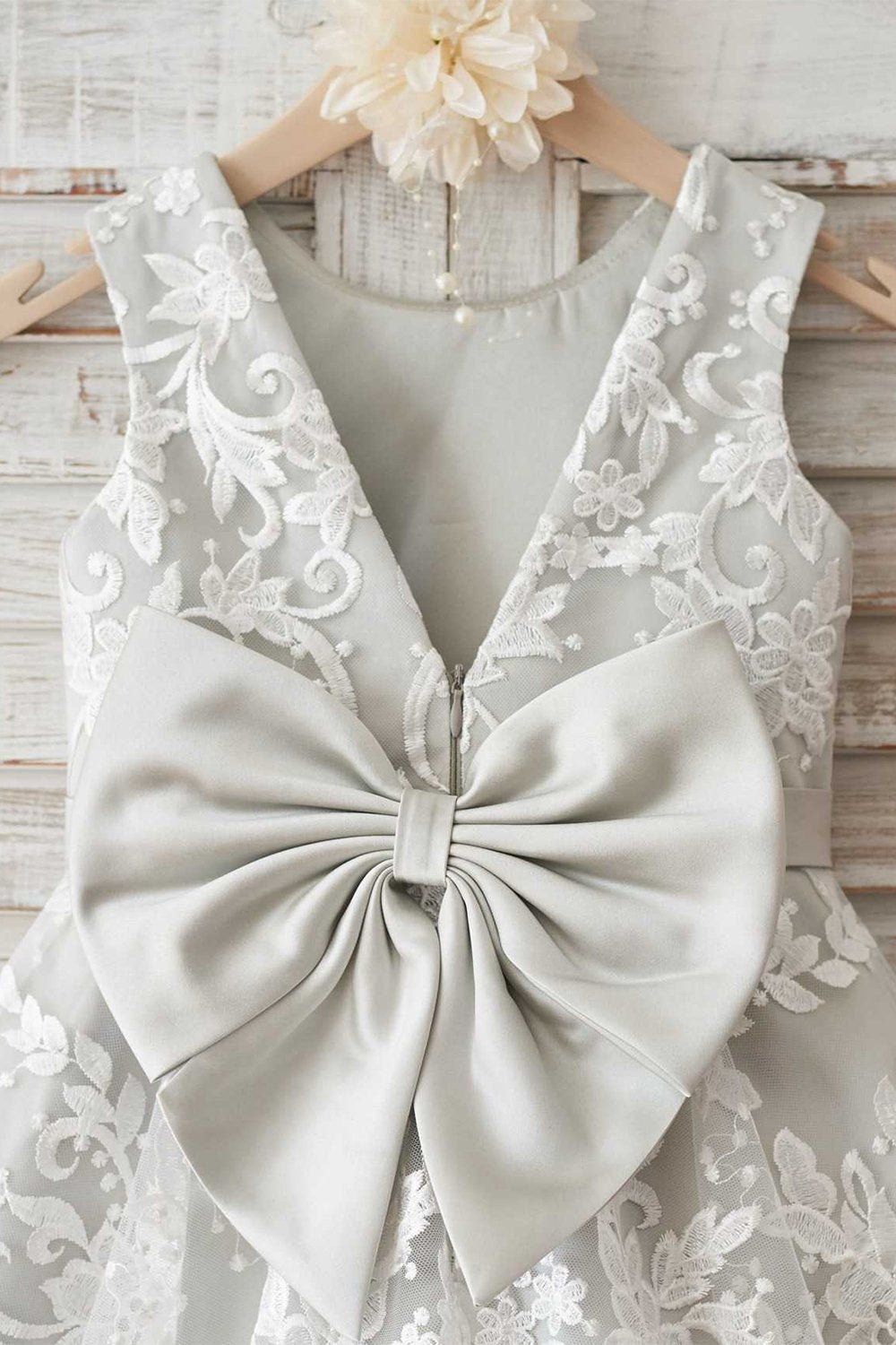 Grey Lace Flower Girl Dress with Bow