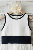Navy White Flower Girl Dress with Bowknot